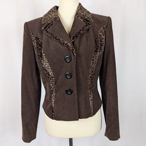 Gantos Brown Faux Suede Leopard Print Vintage 90s Blazer Jacket Made USA Sz 10